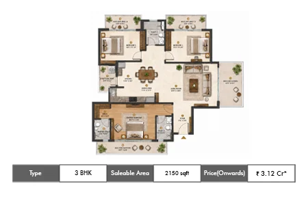 3 BHK floor plan &mdash; 2,150 sq. ft.